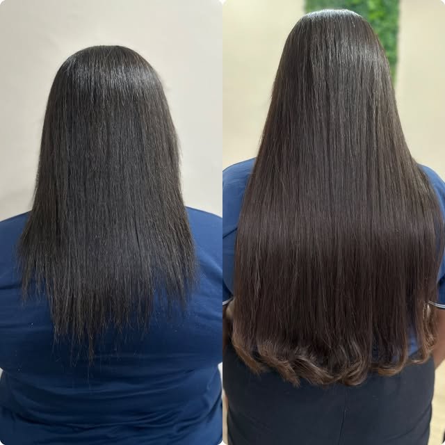 Momento da avaliação — Lilia analisando o cabelo da cliente