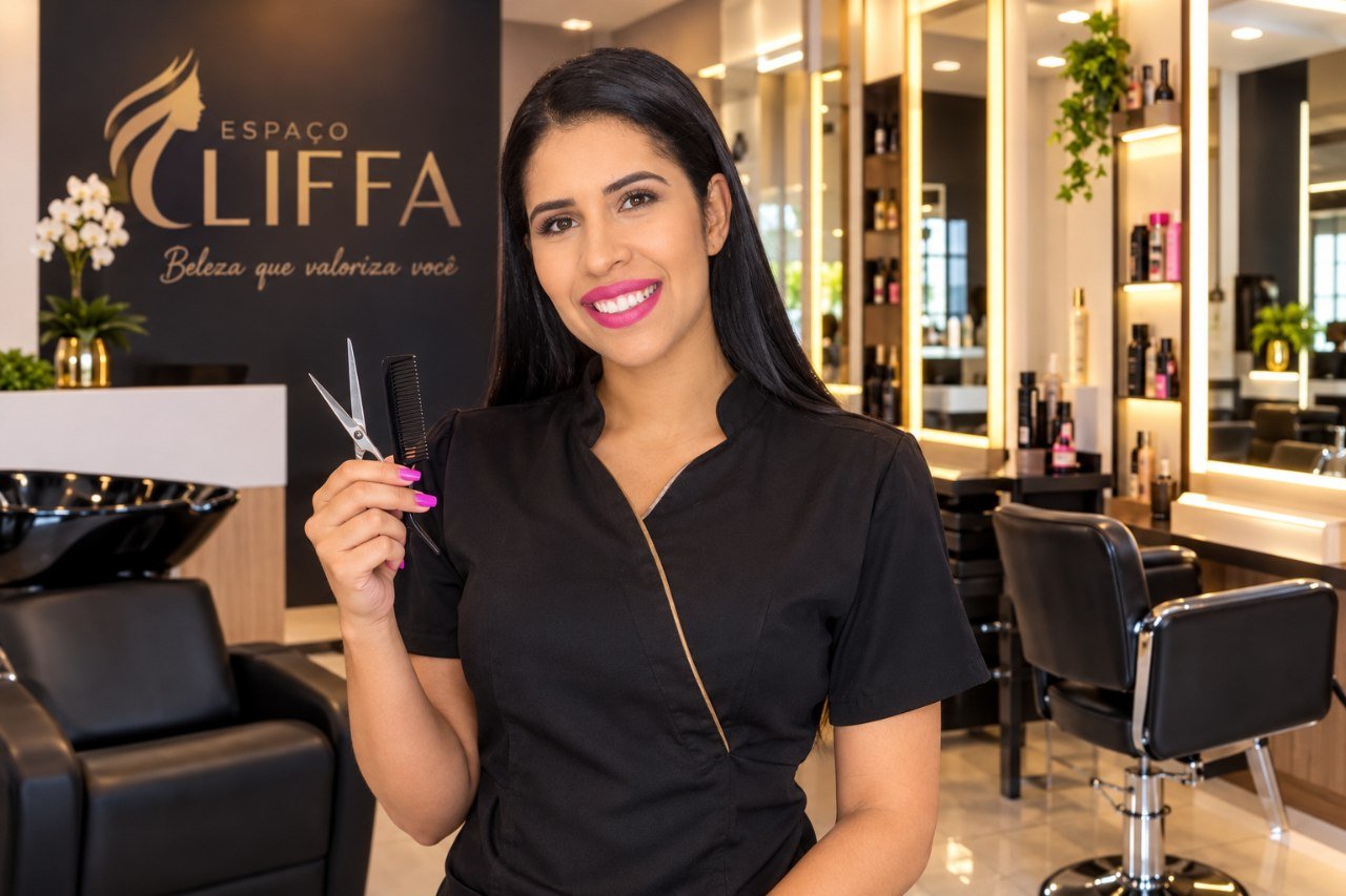Lilia Silva no Espaço Liffa, com tesoura e pente, pronta pra te atender